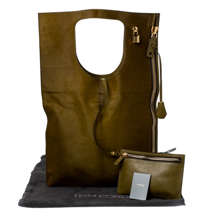 Pre Owned Tom Ford Olive Calf Hair Alix Padlock/Zip Shoulder Bag