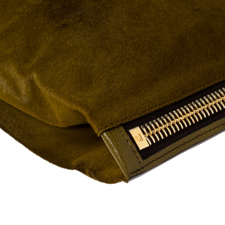 Pre Owned Tom Ford Olive Calf Hair Alix Padlock/Zip Shoulder Bag