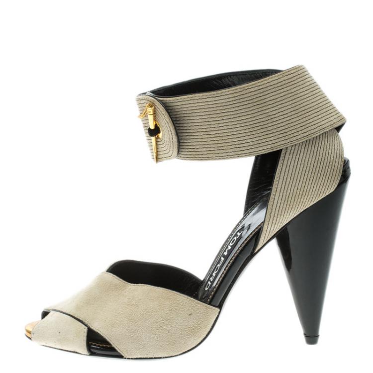 Pre Owned Tom Ford Beige Suede Cross Ankle Wrap Peep Toe Sandals Size 37