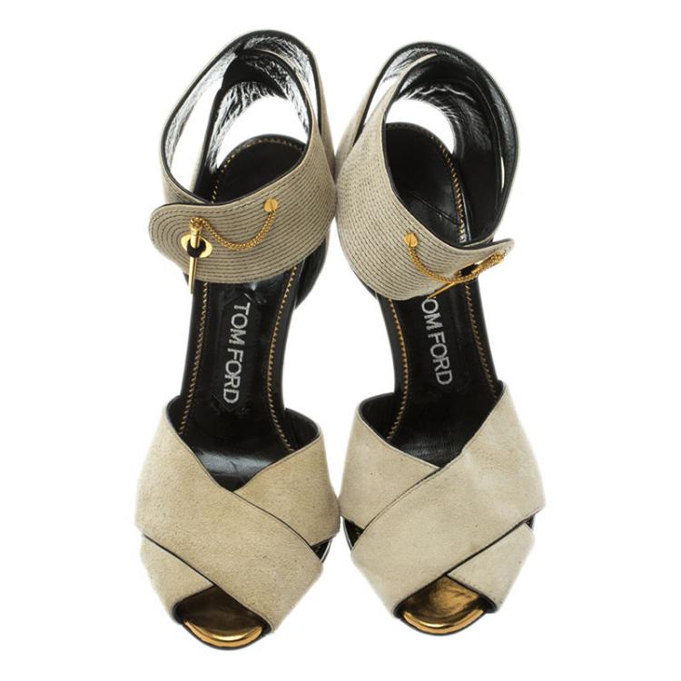 Pre Owned Tom Ford Beige Suede Cross Ankle Wrap Peep Toe Sandals Size 37