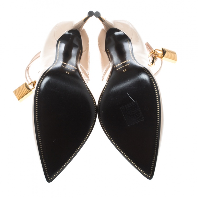 Pre Owned Tom Ford Beige Patent Leather Padlock Ankle Wrap Pointed Toe Pumps Size 38