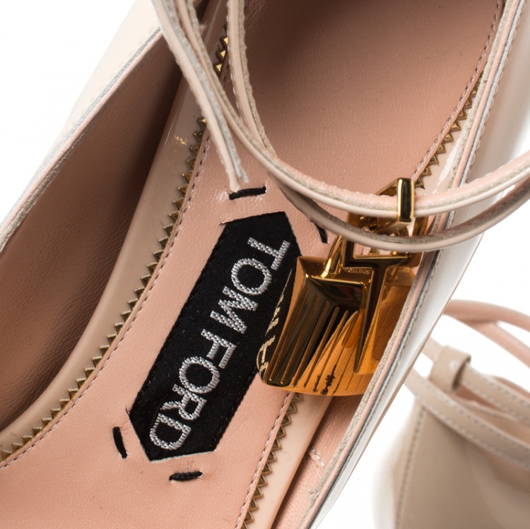 Pre Owned Tom Ford Beige Patent Leather Padlock Ankle Wrap Pointed Toe Pumps Size 38