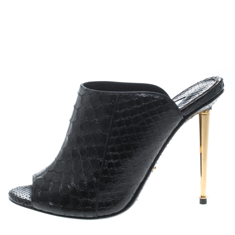 Pre Owned Tom Ford Black Python Leather Peep Toe Mules Size 38