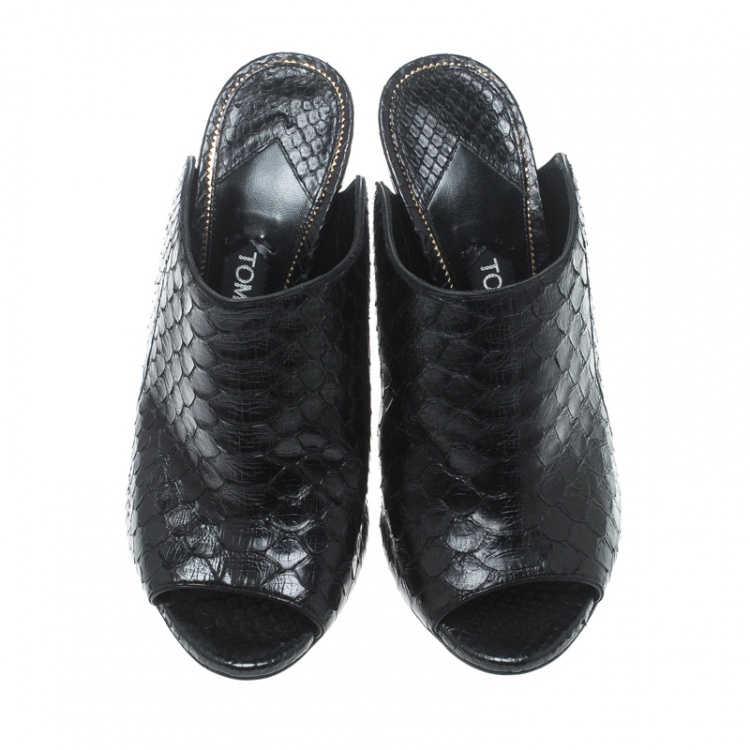Pre Owned Tom Ford Black Python Leather Peep Toe Mules Size 38