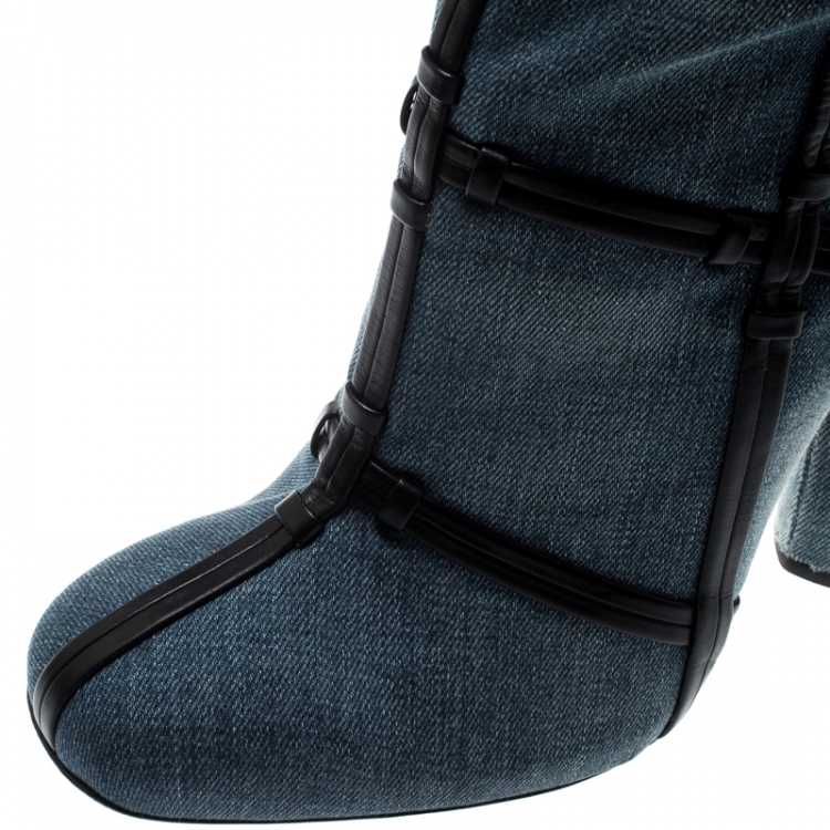 Pre Owned Tom Ford Denim And Leather Trim Patchwork Knee Length Boots Size 40.5