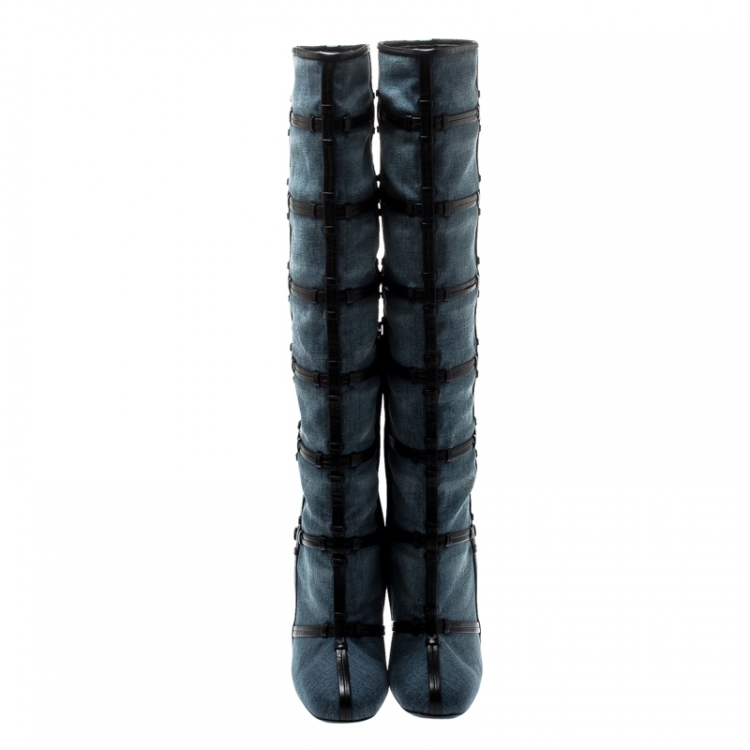 Pre Owned Tom Ford Denim And Leather Trim Patchwork Knee Length Boots Size 40.5