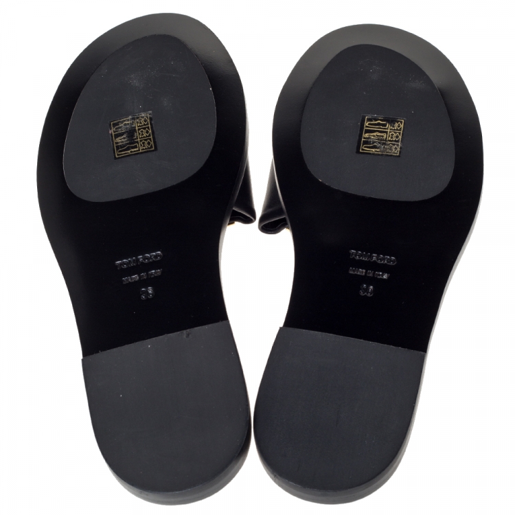 Pre Owned Tom Ford Black Leather TF Flat Slides Size 38
