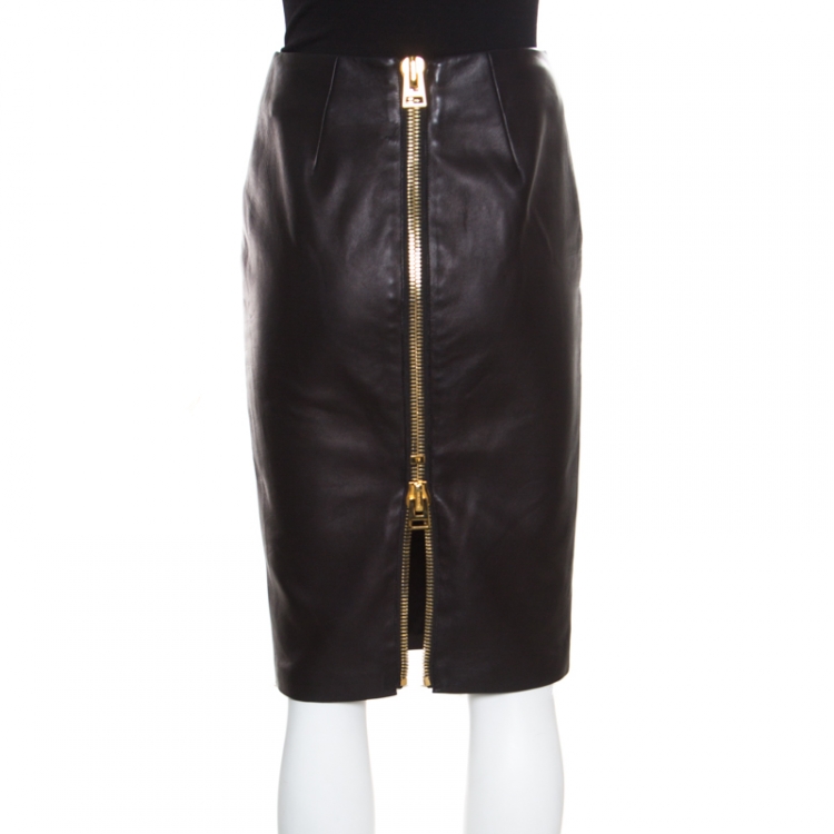 Pre Owned Tom Ford Brown Leather Paneled Perversity Pencil Skirt XS
