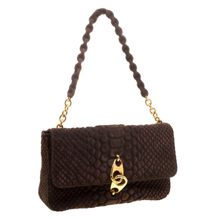 Pre Owned Tom Ford Brown Python Embossed Suede Carine Double Flap Shoulder Bag