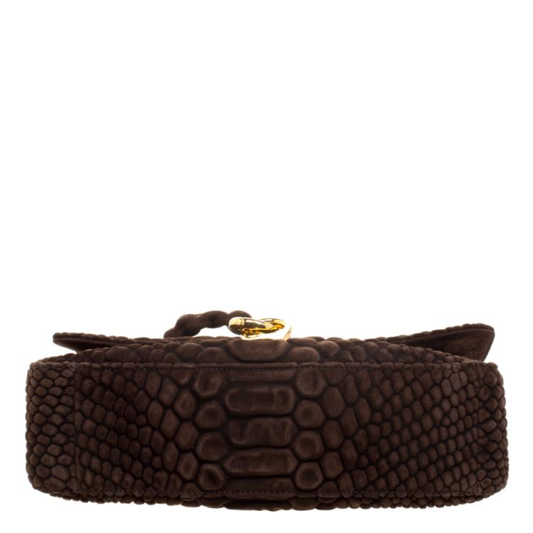 Pre Owned Tom Ford Brown Python Embossed Suede Carine Double Flap Shoulder Bag
