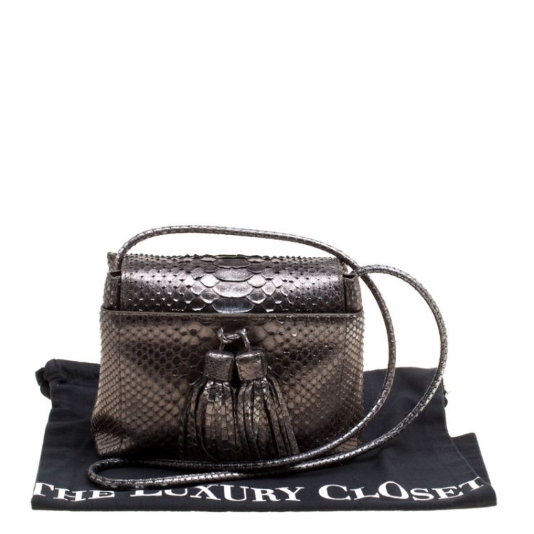 Pre Owned Tom Ford Metallic Grey Python Envelope Tassel Shoulder Bag