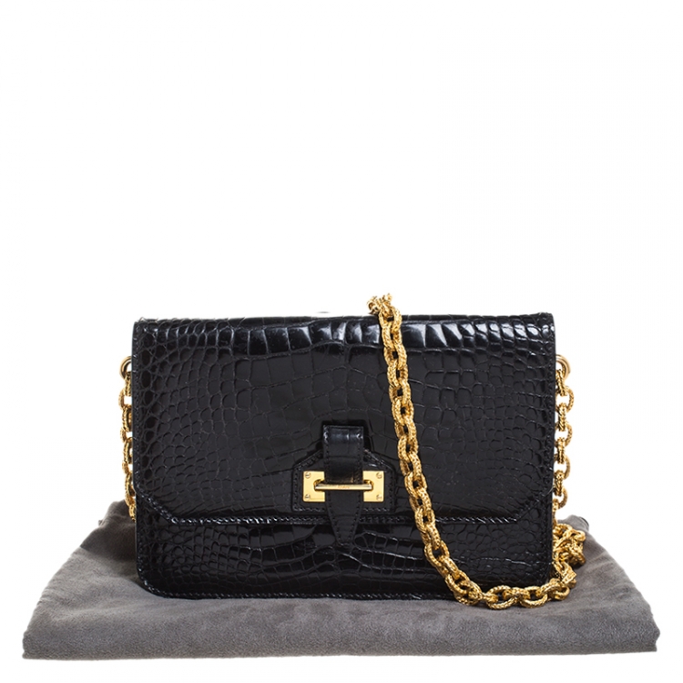 Pre Owned Tom Ford Black Crocodile Buckle Flap Chain Shoulder Bag