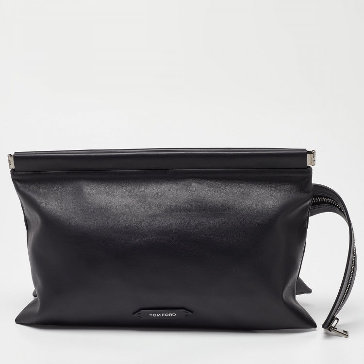 Pre Owned Tom Ford Dark Grey Leather Zip Detail Clutch