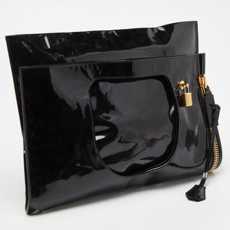 Pre Owned Tom Ford Black Patent Leather Alix Fold Over Oversize Clutch
