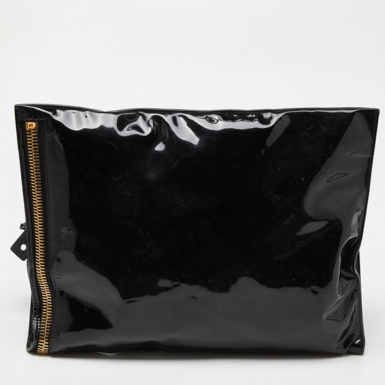 Pre Owned Tom Ford Black Patent Leather Alix Fold Over Oversize Clutch