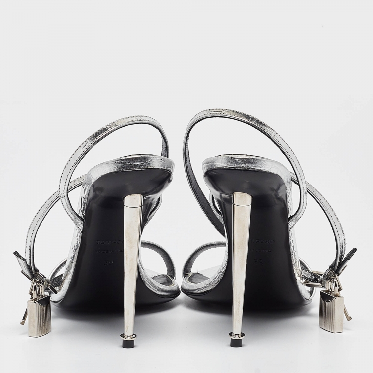 Pre Owned Tom Ford Silver Croc Embossed Patent Leather Padlock Ankle Strap Sandals Size 39