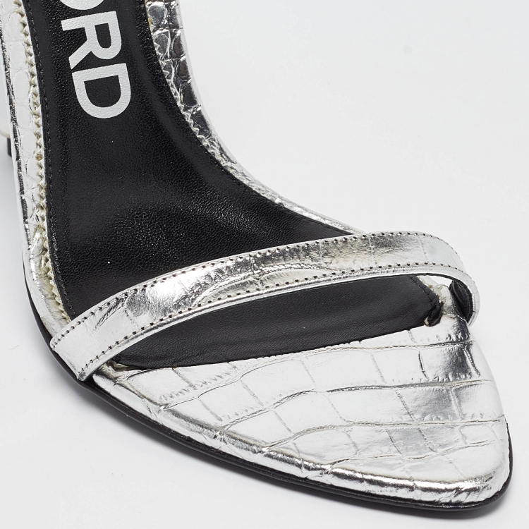 Pre Owned Tom Ford Silver Croc Embossed Patent Leather Padlock Ankle Strap Sandals Size 39