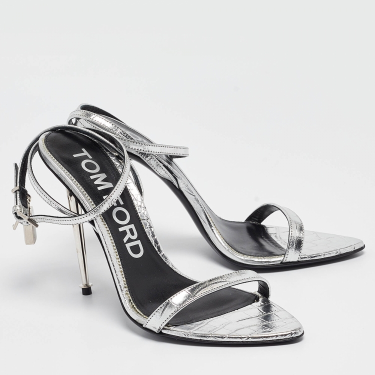 Pre Owned Tom Ford Silver Croc Embossed Patent Leather Padlock Ankle Strap Sandals Size 39