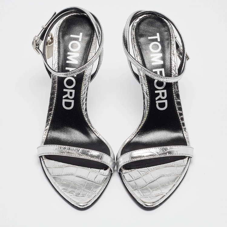 Pre Owned Tom Ford Silver Croc Embossed Patent Leather Padlock Ankle Strap Sandals Size 39