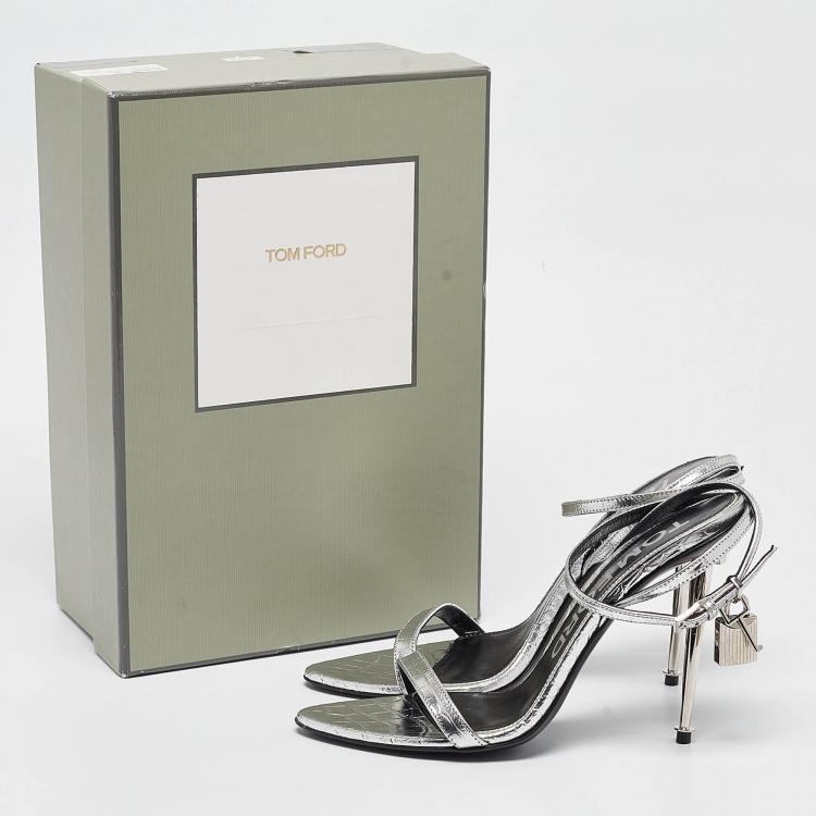 Pre Owned Tom Ford Silver Croc Embossed Patent Leather Padlock Ankle Strap Sandals Size 39