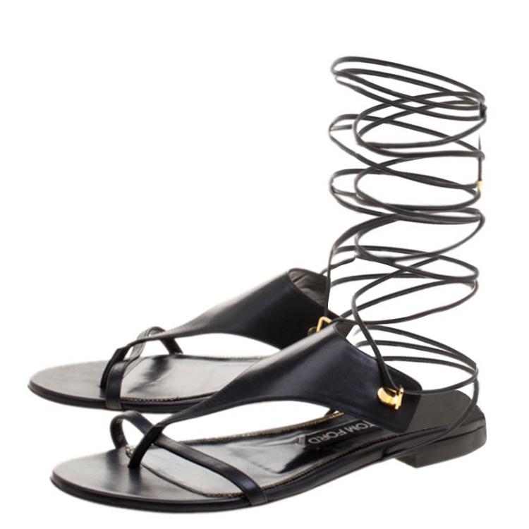 Pre Owned Tom Ford Black Leather Thong Tie Up Flats Size 38.5