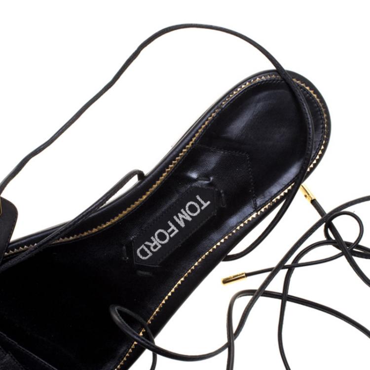 Pre Owned Tom Ford Black Leather Thong Tie Up Flats Size 38.5