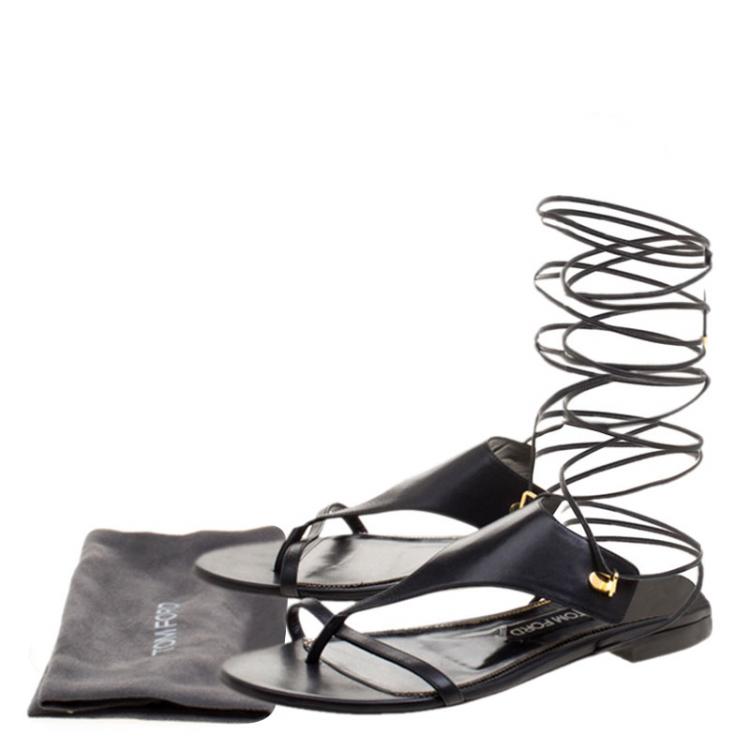Pre Owned Tom Ford Black Leather Thong Tie Up Flats Size 38.5