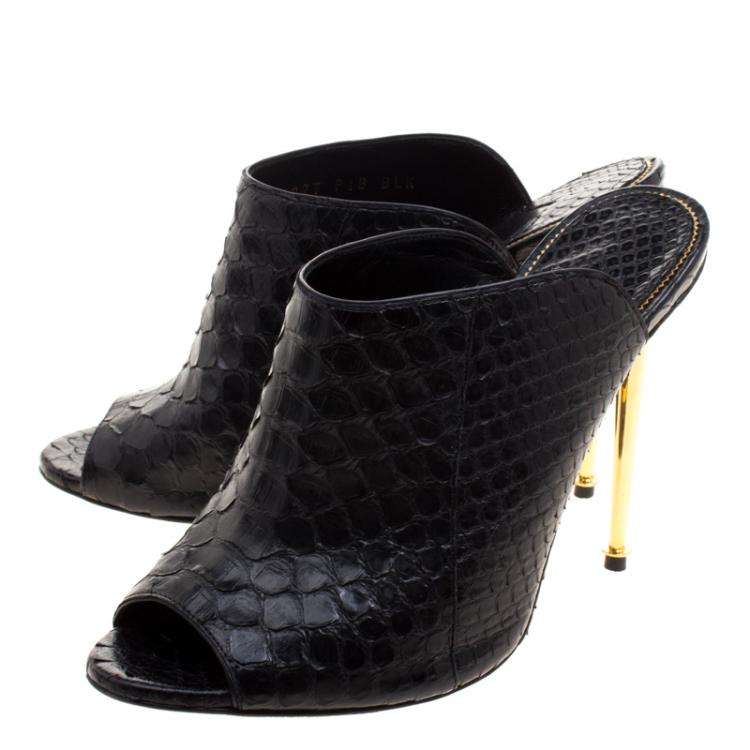 Pre Owned Tom Ford Black Python Leather Peep Toe Mules Size 39