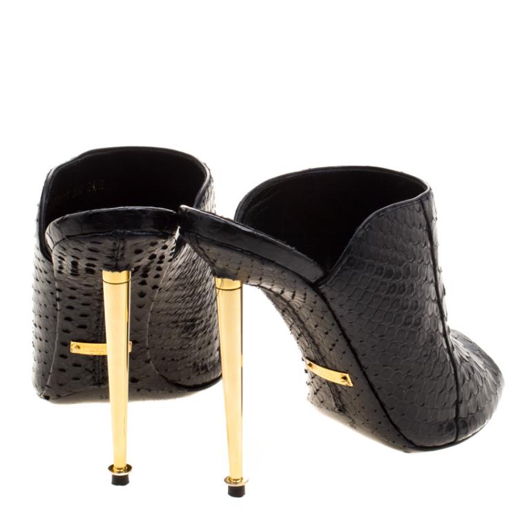 Pre Owned Tom Ford Black Python Leather Peep Toe Mules Size 39