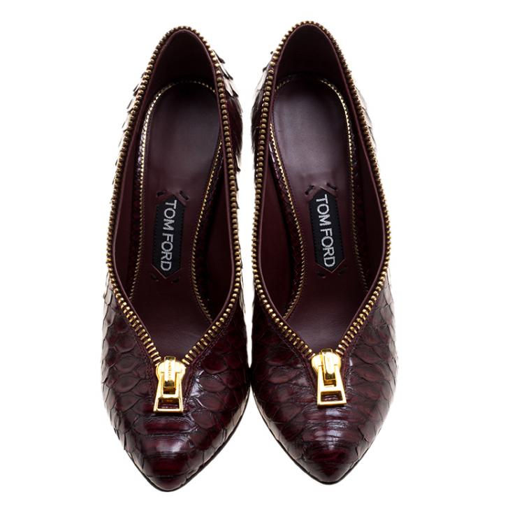 Pre Owned Tom Ford Burgundy Python Leather Zipper Detail Pumps Size 40.5