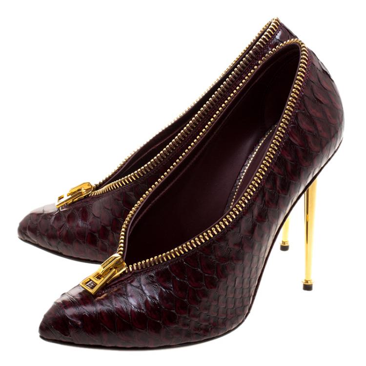 Pre Owned Tom Ford Burgundy Python Leather Zipper Detail Pumps Size 40.5