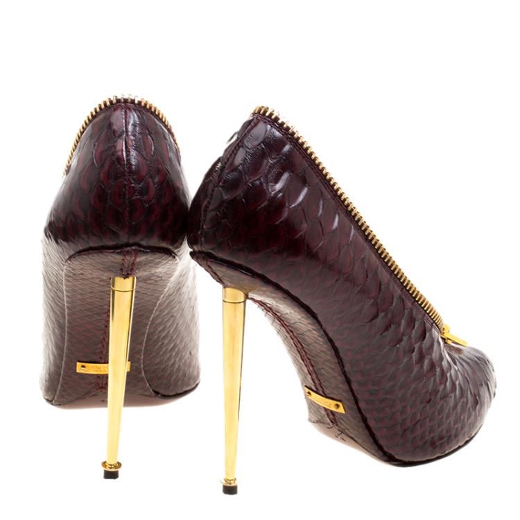 Pre Owned Tom Ford Burgundy Python Leather Zipper Detail Pumps Size 40.5