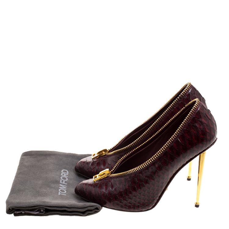 Pre Owned Tom Ford Burgundy Python Leather Zipper Detail Pumps Size 40.5