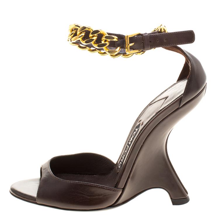 Pre Owned Tom Ford Choco Brown Leather Chain Embellished Ankle Strap Wedge Sandals Size 37