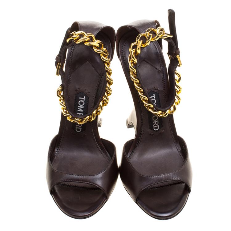 Pre Owned Tom Ford Choco Brown Leather Chain Embellished Ankle Strap Wedge Sandals Size 37