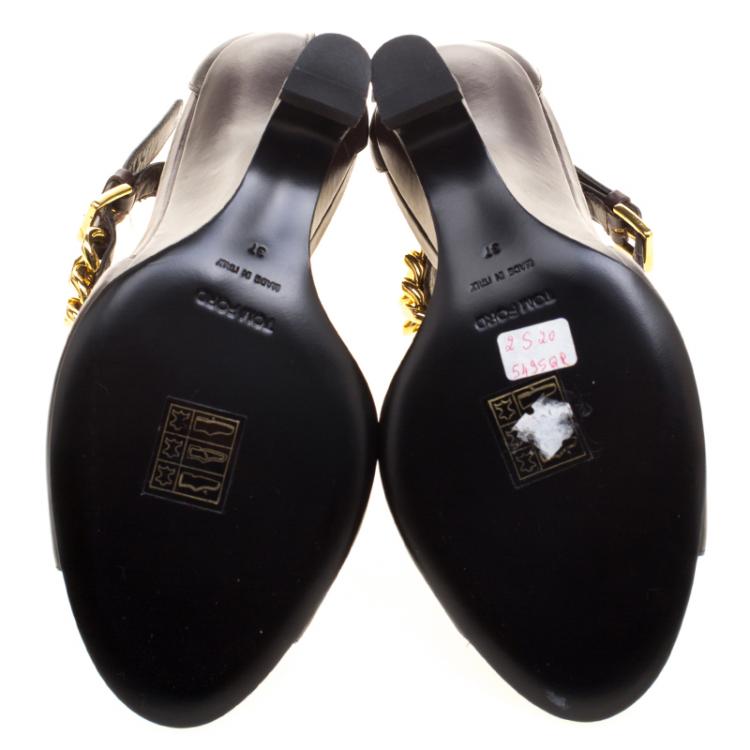 Pre Owned Tom Ford Choco Brown Leather Chain Embellished Ankle Strap Wedge Sandals Size 37