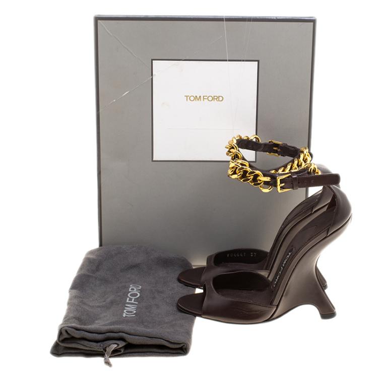 Pre Owned Tom Ford Choco Brown Leather Chain Embellished Ankle Strap Wedge Sandals Size 37