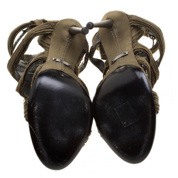 Pre Owned Tom Ford Olive Green Satin Raw Edge Finish Cross Strap Peep Toe Sandals Size 38