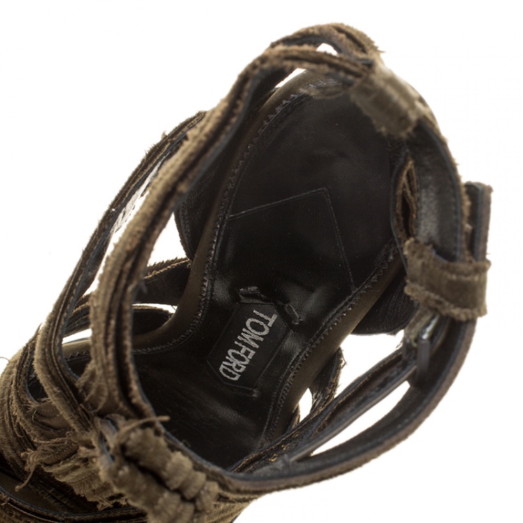 Pre Owned Tom Ford Olive Green Satin Raw Edge Finish Cross Strap Peep Toe Sandals Size 38