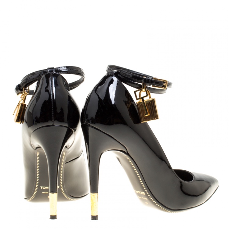 Pre Owned Tom Ford Black Patent Leather Ankle Lock Pointed Toe Pumps Size 37