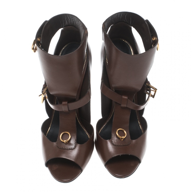Pre Owned Tom Ford Brown Leather Chain Heel Cutout Peep Toe Booties Size 38