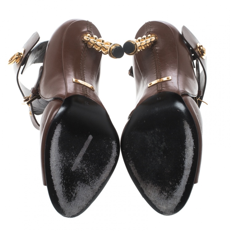 Pre Owned Tom Ford Brown Leather Chain Heel Cutout Peep Toe Booties Size 38