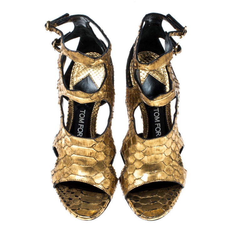 Pre Owned Tom Ford Metallic Gold Python Leather Peep Toe Cutout Sandals Size 36.5