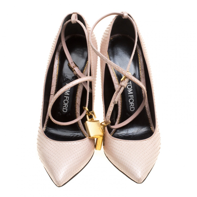 Pre Owned Tom Ford Beige Snakeskin Leather Ankle Lock Pointed Toe Pumps Size 38
