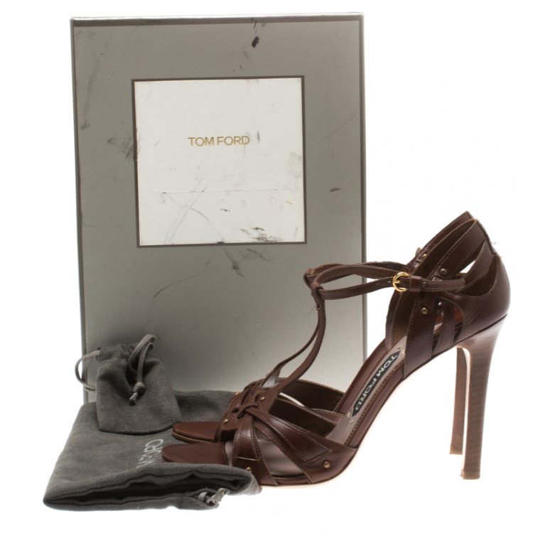Pre Owned Tom Ford Brown Leather T-Strap Open Toe Sandals Size 40