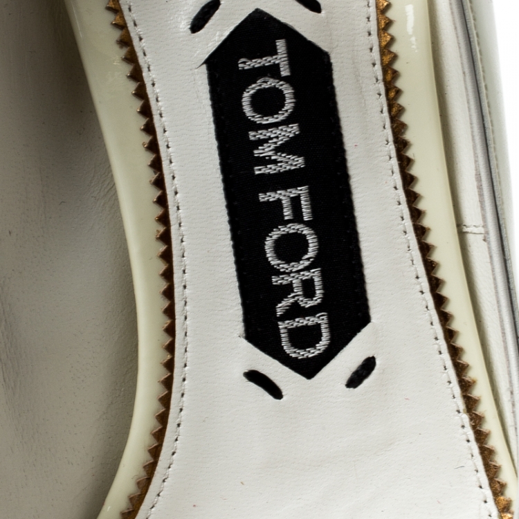 Pre Owned Tom Ford Cream Patent Leather Padlock Ankle Wrap Pointed Toe Pumps Size 38