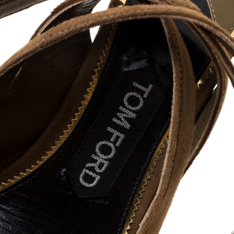 Pre Owned Tom Ford Brown Suede Padlock Ankle Strap Sandals Size 38.5