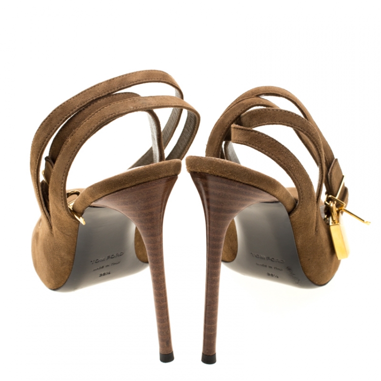 Pre Owned Tom Ford Brown Suede Padlock Ankle Strap Sandals Size 38.5