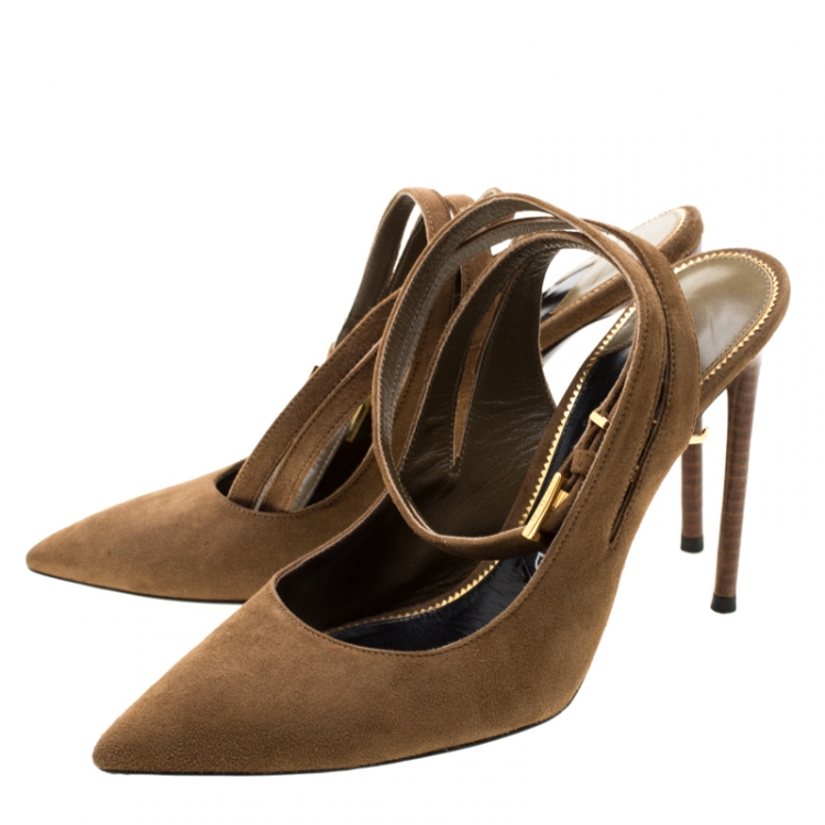 Pre Owned Tom Ford Brown Suede Padlock Ankle Strap Sandals Size 38.5