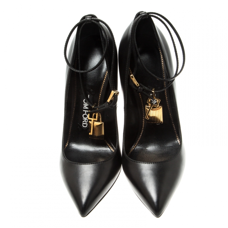 Pre Owned Tom Ford Black Leather Ankle Lock Pointed Toe Pumps Size 36.5